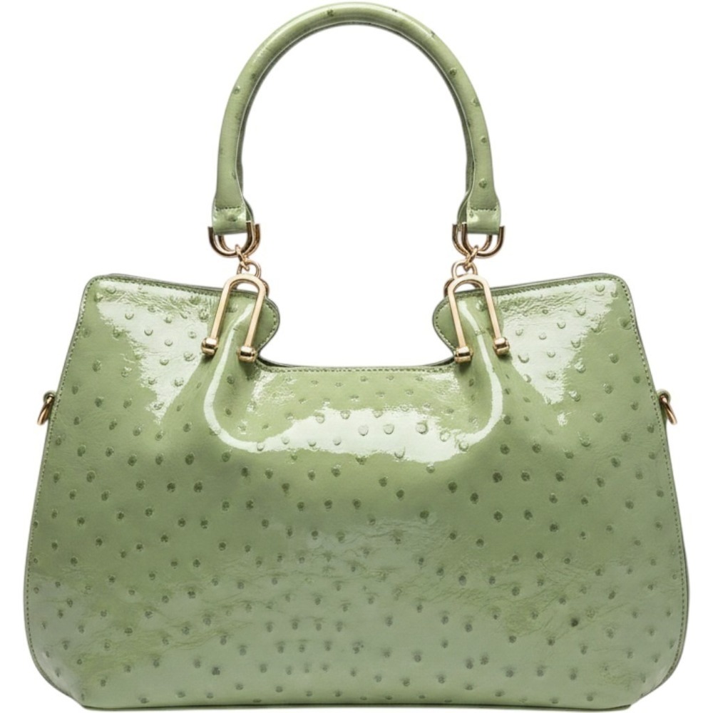 Sondra Roberts Satchel Large Green Ostrich Embossed Patent FauxLeather Gold Trim - Picture 2 of 13